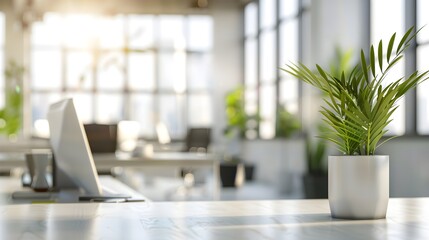 Modern Office with Green Plants and Bright Background