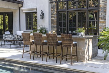 Naklejka premium Outdoor Wicker Barstools with Arms and Backrests in Brown Finish