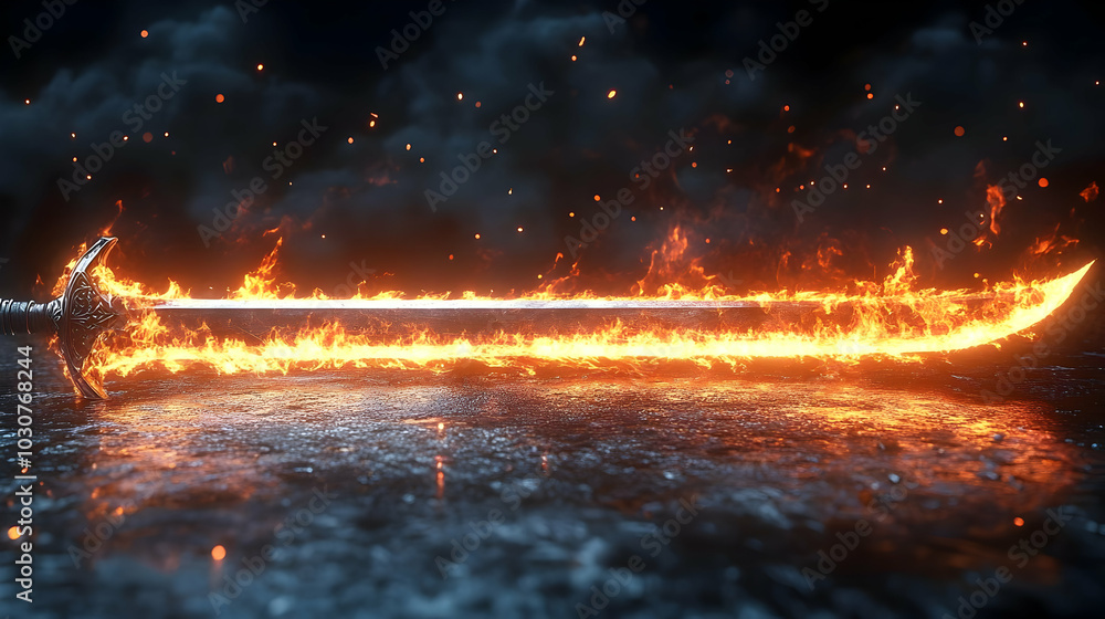 Poster a flaming sword resting on a reflective surface.
