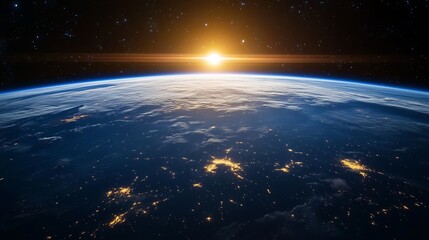 Obraz premium A dark sky with a bright sun in the background. The sun is shining on the planet and the moon