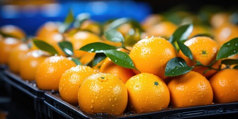 A close-up view of fresh, juicy oranges arranged in a black crate, glistening with dewdrops, reflecting the sunlight, and surrounded by vibrant green leaves.