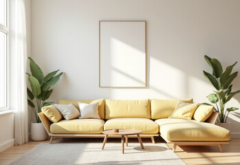 a bright living room with sofa and Mockup frame on the wall for a copy space,