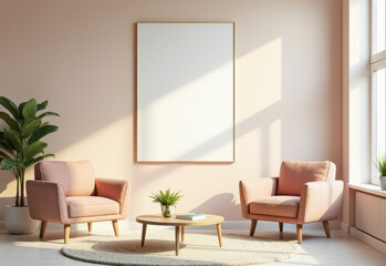 a bright living room with sofa and Mockup frame on the wall for a copy space,