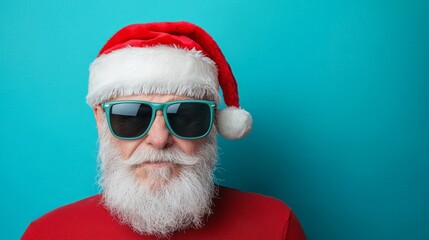 Santa Claus looking stylish with sunglasses and a Santa hat against a bright blue background.