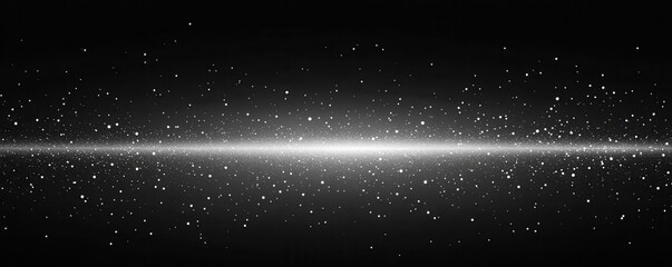Obraz premium A monochromatic image featuring a luminous, horizontal band amid a starry backdrop, evoking a cosmic or abstract atmosphere.