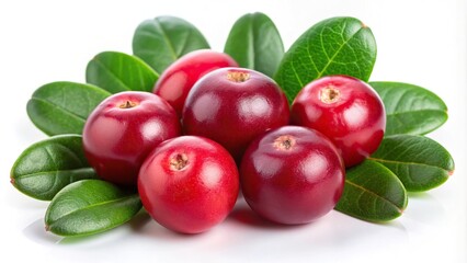 Fresh cranberry with leaves isolated on white background, full depth of field