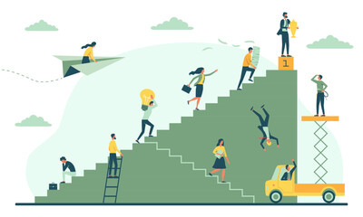 Business competition. Group of entrepreneurs and office workers climb career ladder to achieve success and goals. Business people looking for growth opportunities. Flat vector isolated illustration © Rudzhan