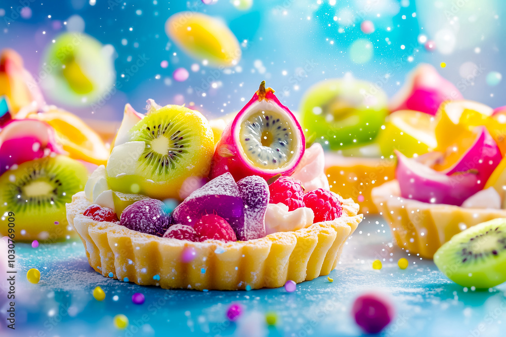 Poster elegant small lemon tarts adorned with an array of fresh fruits create a vibrant display on a lively
