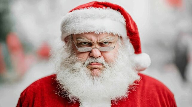 A comical Santa with a grumpy expression wearing glasses and a traditional red outfit.