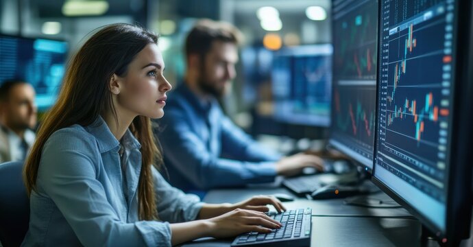 A concentrated woman examines stock market charts on multiple monitors in a busy trading office, highlighting financial analysis.