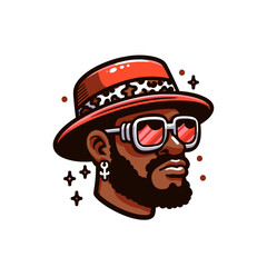 Naklejka premium Pimp head in purple hat and gold glasses isolated 