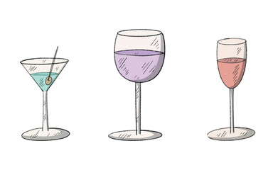 three glasses different glasses for drinks. hand drawn doodle vector illustration