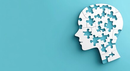 A human head silhouette formed by puzzle pieces on a blue background with copy space, symbolizing mental health, problem-solving, and psychology.