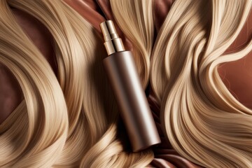 Naklejka premium Haircare spray bottle mockup lying on silky, shiny hair. Ideal for showcasing a high-end hair treatment or styling product in a luxurious, professional setting.