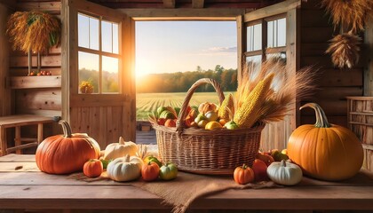 A cozy barn interior with a harvest table full of vibrant autumn produce at sunset. Generative AI