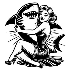 pin-up woman playfully hugging a shark, vintage style with humor and bold, whimsical imagery sketch engraving generative ai PNG illustration. Scratch board imitation. Black and white image.