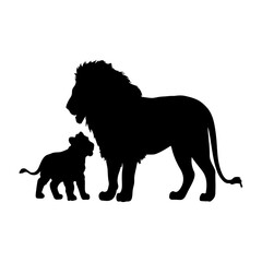Silhouette of lion and with young lion cub Vector illustration n a white background, Lion standing with small lion cub