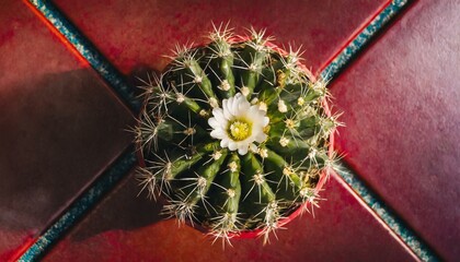 Flowering cactus plant, shot from above looking down with red tiles  