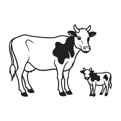 Domestic milk cows with calf, mother cow Vector illustration