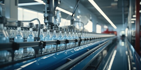 Bottles moving on a conveyor belt in a factory setting with focus on glass and metal