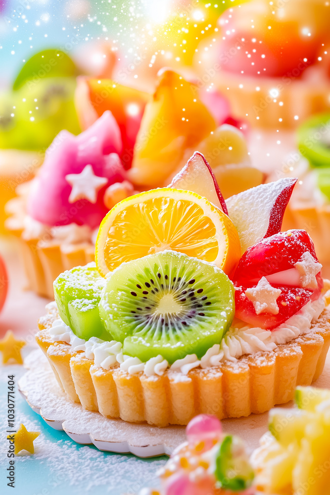 Poster these small lemon tarts are beautifully decorated with an array of fresh fruits, creating a colorful