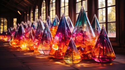 A line of crystal prisms filled with shimmering colored glass fragments bathed in warm, golden light.