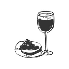 Wine Glass with Caviar. A hand-drawn illustration of a wine glass filled with red wine standing next to dish containing a spoonful of caviar. The image in black and white vintage, sketch-like style.