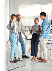 Business people, ideas and team for conversation in office, startup and collaboration on project....