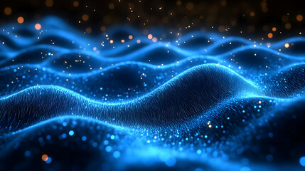 Abstract representation of glowing blue waves with sparkles.