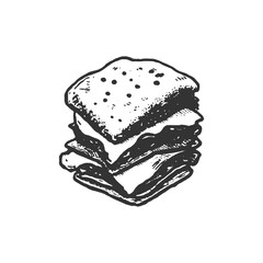 Hand-Drawn Pastry Illustration. A black and white, hand-drawn illustration of a layered pastry, resembling a mille-feuille or a cake slice. The detailed drawing highlights the textures.