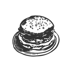 Hand-Drawn Burger Illustration. A black and white, hand-drawn illustration of a burger with a sesame seed bun. The burger in vintage style, food-related designs, restaurant branding.