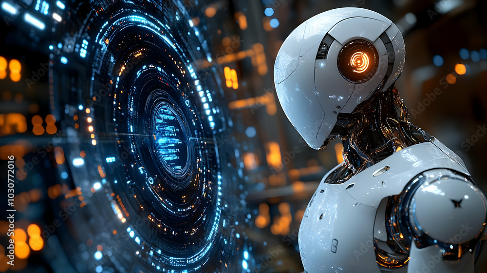 Poster futuristic robot facing a glowing digital interface.