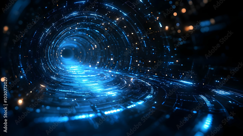 Poster abstract digital tunnel with glowing blue lights and patterns.