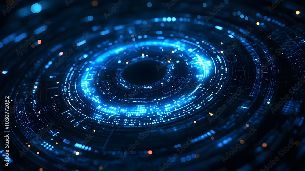Poster abstract digital representation of a glowing vortex or galaxy.