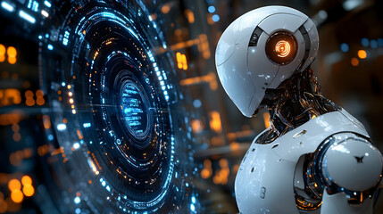 Fototapeta premium Futuristic robot facing a glowing digital interface.