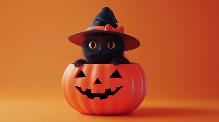 The scene is a close-up of a black cat wearing a witch's hat with a red bow It is sitting inside a carved pumpkin on a bright orange background The