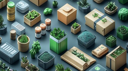 A variety of eco-friendly packaging mockups, including biodegradable plastics and recycled paper items, emphasizing their commitment to sustainability and environmental responsibility. High