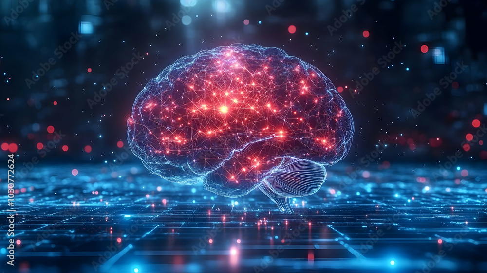 Poster digital representation of a brain with glowing connections.
