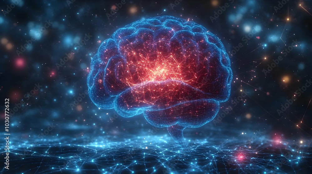 Poster a digital representation of a brain with glowing connections.