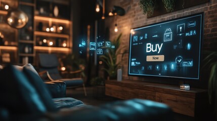 An online shopping webpage on a large screen TV in a stylish living room, with the "Buy Now" button highlighted
