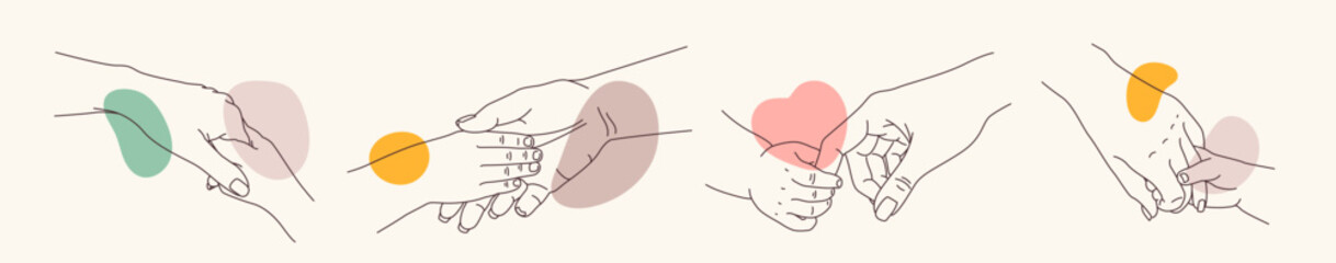 Parent and Child Holding Hand. Line art set of baby kid grabbing mom or dad hand. Happy family. Mother and father with child. Outline vector illustration collection isolated on background