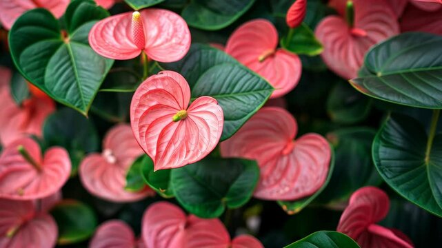Pink anthurium flowers bloom in a tropical garden