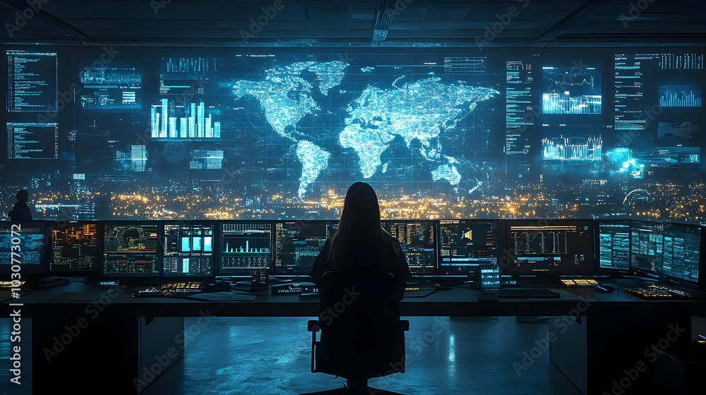 Poster control room with digital world map and data displays.