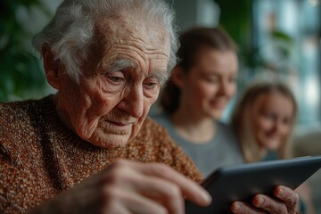 An elderly person struggling to use a tablet, with blurred family members helping in the background, capturing the generational gap in technology