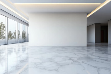 Fototapeta premium An empty gallery space with a large blank white wall, marble floor, contemporary design, clear and minimalist concept. 3D Rendering