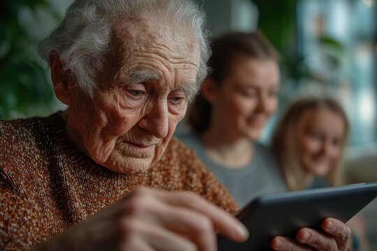 An elderly person struggling to use a tablet, with blurred family members helping in the background, capturing the generational gap in technology