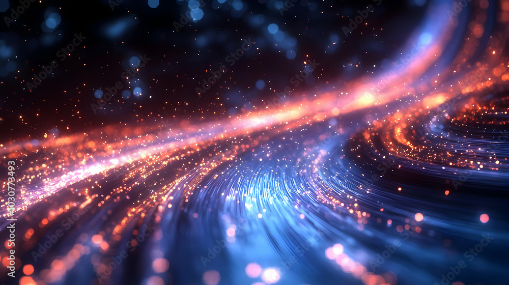 Poster abstract digital background with flowing lights and particles.