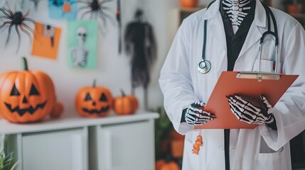 Doctor in Skeleton Costume Reviewing Patient Details