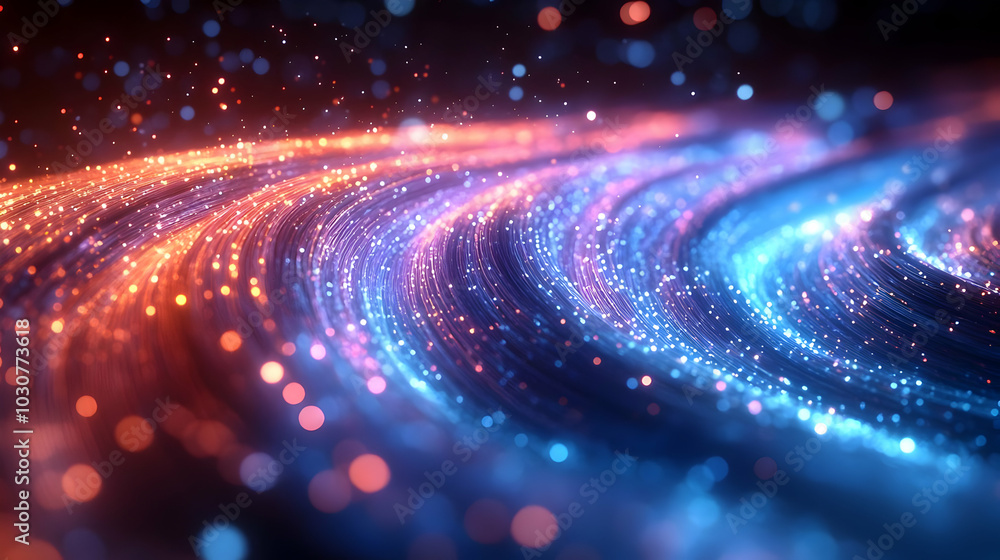 Poster abstract waves of colorful light and particles in motion.