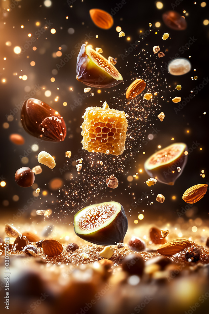 Poster delicate tiny honey cakes are floating in the air, surrounded by scattered nuts and dried figs, with